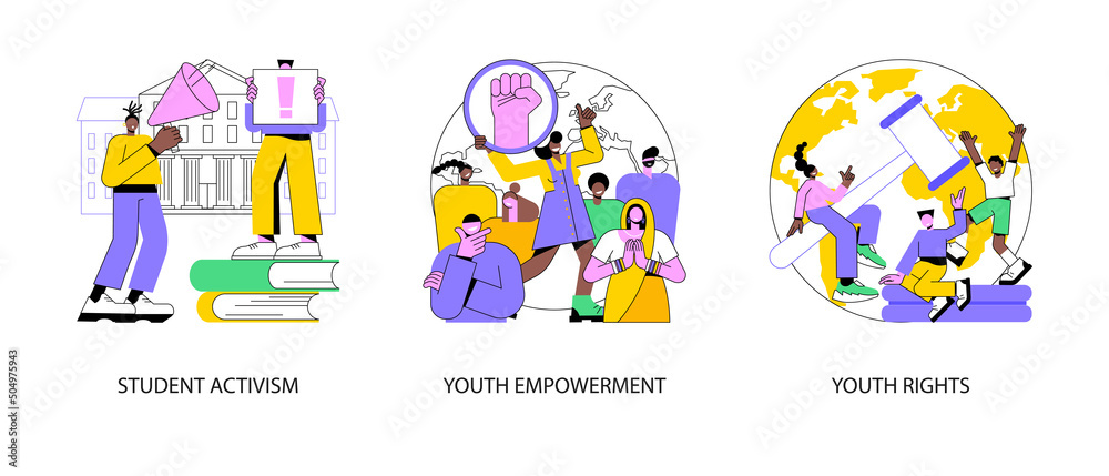 Social movement abstract concept vector illustration set. Student activism, youth empowerment, young people rights protection, age of majority, democracy building, take action abstract metaphor.