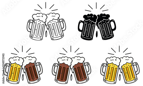 Beer Stein Mugs Cheers Clipart Set - Outline  Silhouette and Color