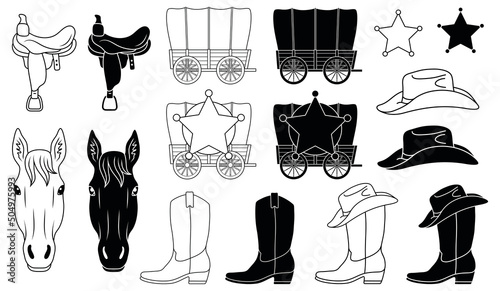 Western Outline and Silhouette Clipart Bundle - Wagon, Horse, Saddle, Boots, Hat and Star