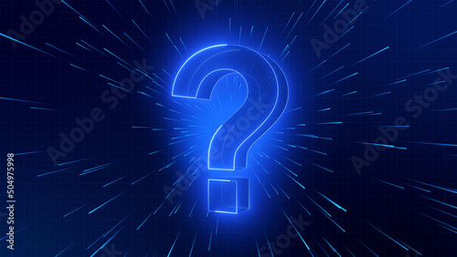 Big digital question mark illustration. High tech 3D big sign for doubts ask confusing questions. Cyberspace blue theme with particles. 