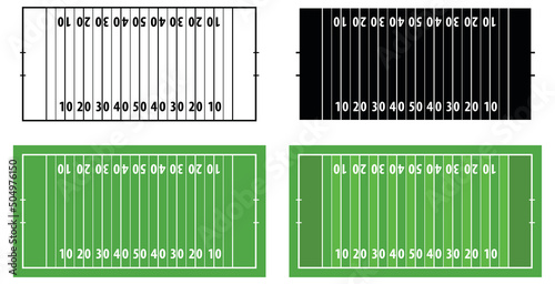 American Football Field with Lines Diagram Set - Outline, Silhouette and Green Turf