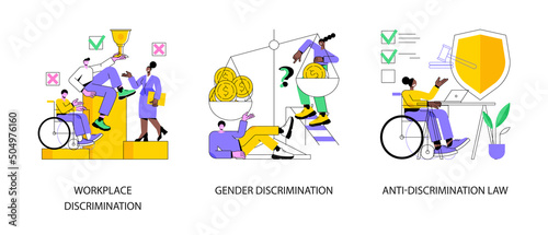 Equal rights abstract concept vector illustration set. Workplace and gender discrimination, anti-discrimination law, roles and stereotypes, sexual harassment, social equality abstract metaphor.