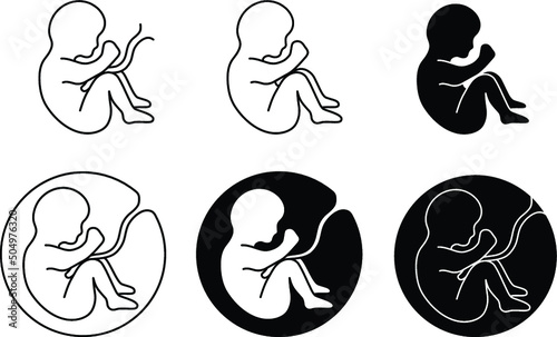 Baby Fetus with Umbilical Cord Clipart Set - Outline and Silhouette