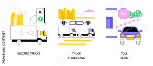 Modern transportation abstract concept vector illustration set. Electric trucks platooning and connectivity, toll road, electric engine, automated highway, motorway entrance pass abstract metaphor.