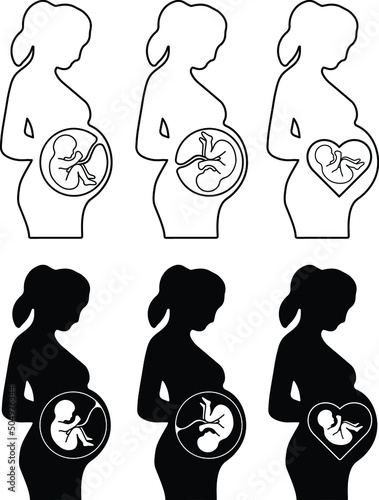 Pregnant Woman with Fetus Diagram Set - Outline and Silhouette