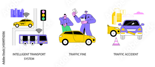 Traffic control abstract concept vector illustration set. Intelligent transport system, traffic fine, road accident, smart driverless car, speed control, driving rules violation abstract metaphor.