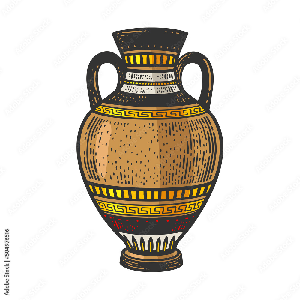 Ancient Greek Amphora color sketch engraving raster illustration. T-shirt apparel print design. Scratch board imitation. Black and white hand drawn image.