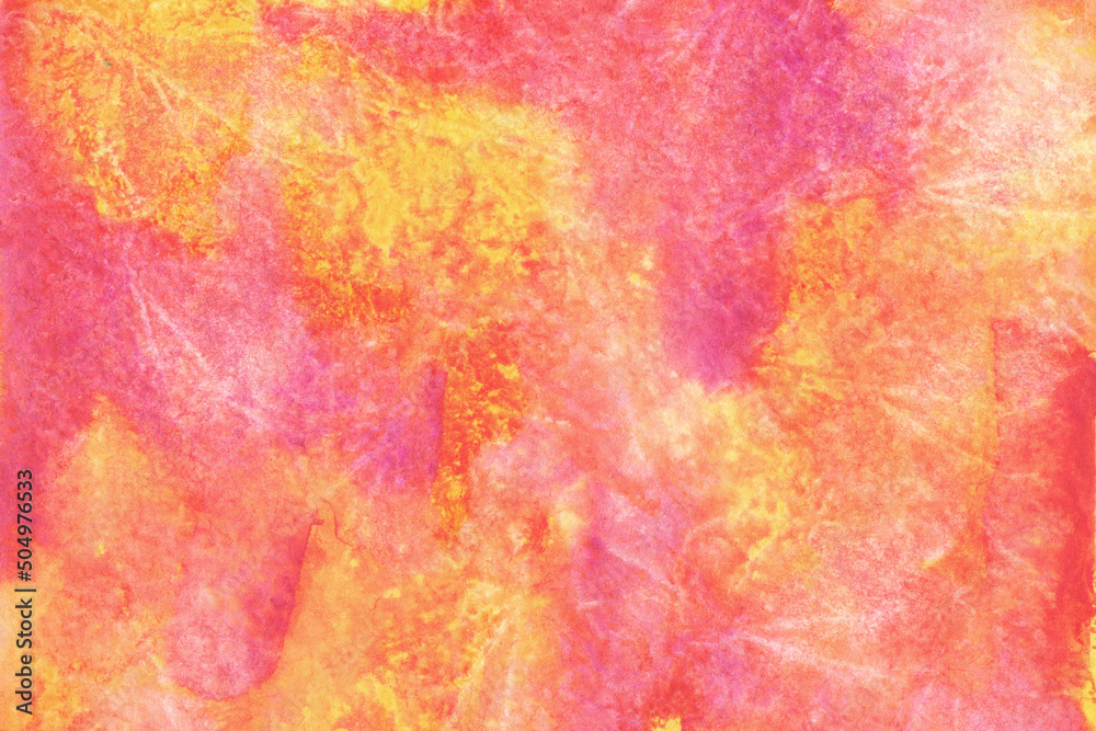Watercolor texture with scuffs. Abstract hand-drawn background in vibrant red and yellow colors.
