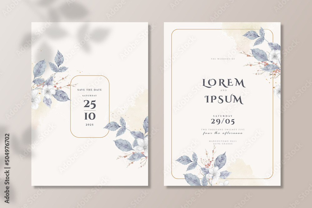 Wedding Card Set Template with Leaves on Golden Square