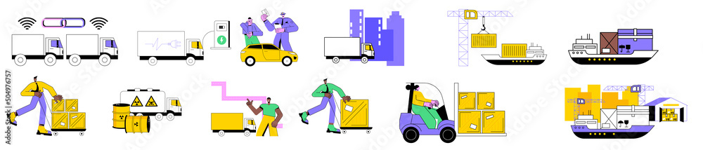 Delivery and storage of goods in warehouses around the world. Import export colorful linear flat vector concept illustrations set. Freight transport, land and sea transport. Electric vehicles.