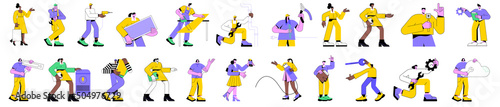 Linear vector isolated illustration set of people working in different industries, professional workers in their fields. Construction worker, plumber and electrician, office clerk and blogger.