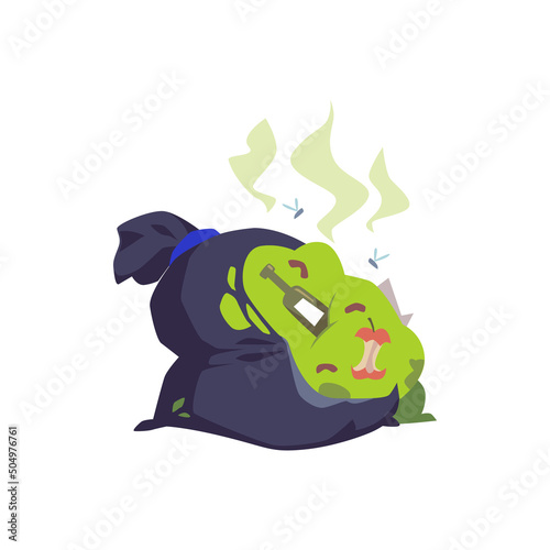 Plastic garbage bag with smelly leftover and flies, flat vector illustration isolated on white background.