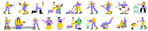 Colorful linear vector isolated illustration set of agricultural working people and gardening. Weed control, dandelion removal, lawn mowing and repair service, growing and water vegetables, sowing.