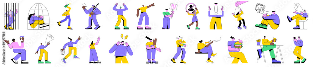 Colorful linear vector isolated illustration set of stressed and addicted people. Alcoholism and smoking, drug and fast food addiction, physical abuse, obesity men women, imprisonment and harassment.