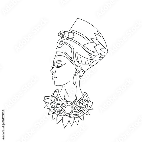Vector isolated the ancient Egyptian wife of Pharaoh Nefertiti head in headdress in profile colorless black and white contour line graphic drawing