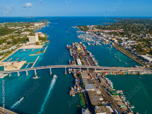 Nassau downtown aerial view including Paradise Island Bridge and Potters Cay in Nassau Harbour, New Providence Island, Bahamas.  © Wangkun Jia