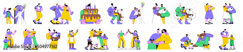 Colorful linear vector isolated illustration set of family lifestyle activity flat characters. Family maternity paternity leave, family celebrations, take care of newborn baby, father with son.
