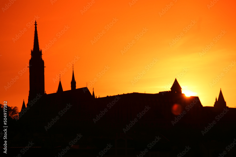 Budapest skyline with Matthias Church silhouette, Budapest, Hungary