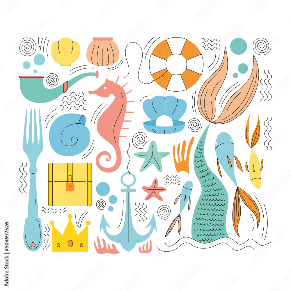 Collection of marine elements. Vector color marine illustration. Mermaid, fish, anchor, shell, fork, chest, seahorse, crown, smoking pipe.