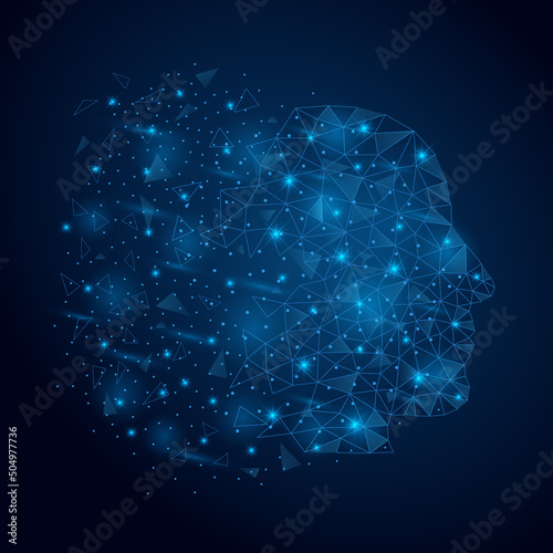 Human head with abstract glowing low polygonal elements. Digitally people head with connection futuristic lighting dots. Vector isolated on dark blue background.