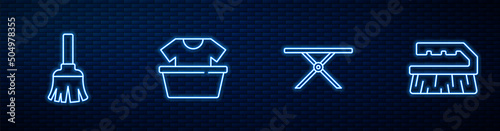 Set line Ironing board, Feather broom, Basin with shirt and Brush for cleaning. Glowing neon icon on brick wall. Vector