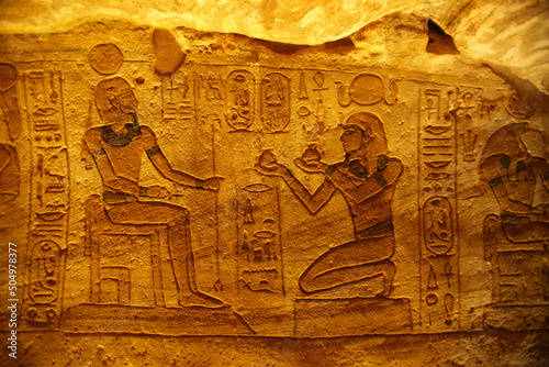 Hieroglyphs at Abu Simbel showing Nefertari, Aswan, Egypt