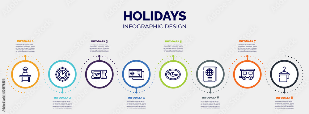 infographic for holidays concept. vector infographic template with icons and 8 option or steps. included airport worker, airplanes on radar, boarding card, beach postcard, nursing room, infographic for holidays concept. vector infographic template with icons and 8 option or steps. included airport worker, airplanes on radar, boarding card, beach postcard, nursing room,