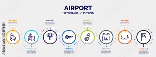 infographic for airport concept. vector infographic template with icons and 8 option or steps. included position, toiletries, coconut trees, travelling around the world, geolocated place, calendar