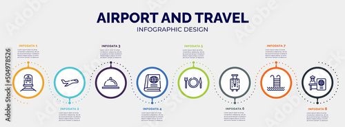 infographic for airport and travel concept. vector infographic template with icons and 8 option or steps. included streetcar, aviation, covered food plate, geography text book, plate, knife and