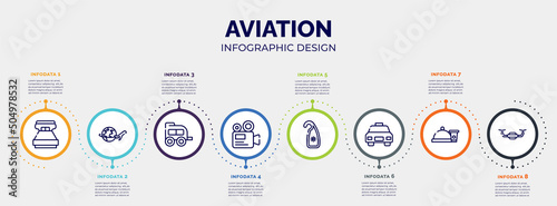 infographic for aviation concept. vector infographic template with icons and 8 option or steps. included king size, airplane travel around the world, two window carriage, camera recorder, hang, taxi