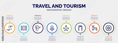 infographic for travel and tourism concept. vector infographic template with icons and 8 option or steps. included flight transfer, sick bag, breathalyzer, airplanes and arrows, plane diagonal,