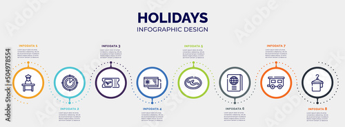 infographic for holidays concept. vector infographic template with icons and 8 option or steps. included airport worker, airplanes on radar, boarding card, beach postcard, nursing room,