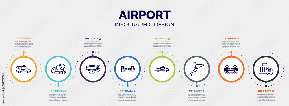 infographic for airport concept. vector infographic template with icons and 8 option or steps. included ambulance side view, concrete mixer truck side view, airship side view, axle, police car infographic for airport concept. vector infographic template with icons and 8 option or steps. included ambulance side view, concrete mixer truck side view, airship side view, axle, police car
