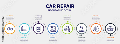 infographic for car repair concept. vector infographic template with icons and 8 option or steps. included pickup car, departure, rent a car, pedals, harbor, ticket collector, ship propeller,