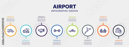 infographic for airport concept. vector infographic template with icons and 8 option or steps. included ambulance side view, concrete mixer truck side view, airship side view, axle, police car