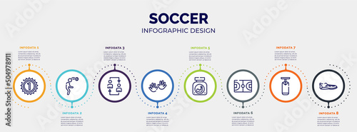 infographic for soccer concept. vector infographic template with icons and 8 option or steps. included number one, head hitting, substitution, hand, protein powder, basketball field, boxing bag,