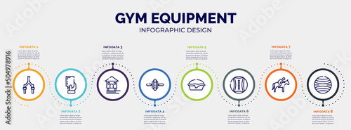 infographic for gym equipment concept. vector infographic template with icons and 8 option or steps. included bicycle fork, yellow card, stilt house, electric unicycle, pies, medicine ball, horse