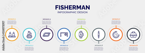 infographic for fisherman concept. vector infographic template with icons and 8 option or steps. included munition, calories, race track, football goal, pulsometer, fitness watch, routine, tackle