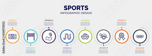 infographic for sports concept. vector infographic template with icons and 8 option or steps. included ice court, volleyball net, biceps curl, earthworm, swimming hat, pilates, first prize, rings