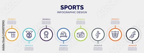 infographic for sports concept. vector infographic template with icons and 8 option or steps. included offside, third place, first place, gymnastics, tuna can, squats, abs, paralympics editable