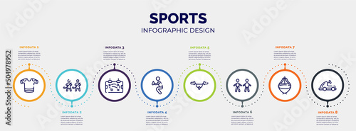 infographic for sports concept. vector infographic template with icons and 8 option or steps. included t-shirts, home team, tactic, catcher, handlebar, body mass index, asian hat, go kart editable