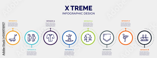 infographic for x treme concept. vector infographic template with icons and 8 option or steps. included treadmill hine, elbow pads, baseball jersey, highlining, substitute, home plate, master,