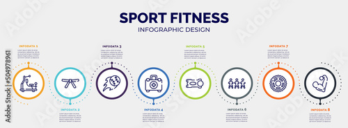 infographic for sport fitness concept. vector infographic template with icons and 8 option or steps. included gym station, black belt, home run, emergencies, stem, football team, sprocket, muscular