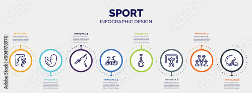 infographic for sport concept. vector infographic template with icons and 8 option or steps. included abseiling, muscles, fishing line, mountain bike, speed bag, goalie, baseball team, rugby helmet