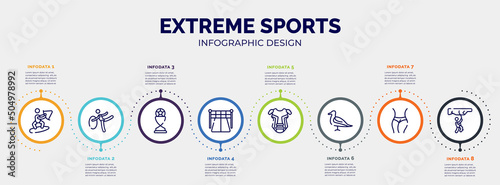 infographic for extreme sports concept. vector infographic template with icons and 8 option or steps. included wakeboarding, rhythmic gymnastics, football trophy, starting point, chest guard,