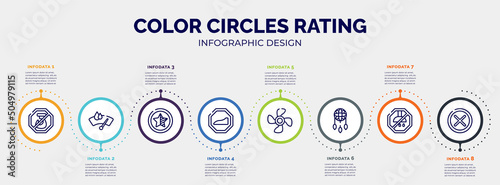 infographic for color circles rating concept. vector infographic template with icons and 8 option or steps. included no hoist, winshield wiper, half star, slope, ventilating fan, dream catcher, no