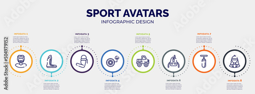 infographic for sport avatars concept. vector infographic template with icons and 8 option or steps. included rugby player, boxing shoe, armband, tire pressure, off road, sheave, sand bag,