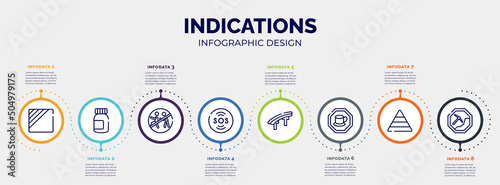 infographic for indications concept. vector infographic template with icons and 8 option or steps. included dry in shade, pills jar, chasing prohibited, sos warning, flyover bridge, cafe bar,