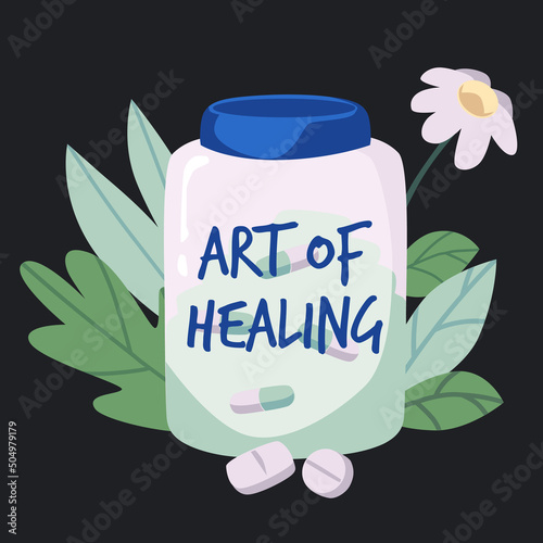 Glass jar with pills among grass and flowers flat style
