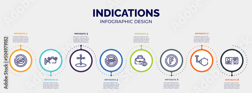 infographic for indications concept. vector infographic template with icons and 8 option or steps. included not allowed snacks, decorative, cross stuck in ground, food not allowed, null, petroleum